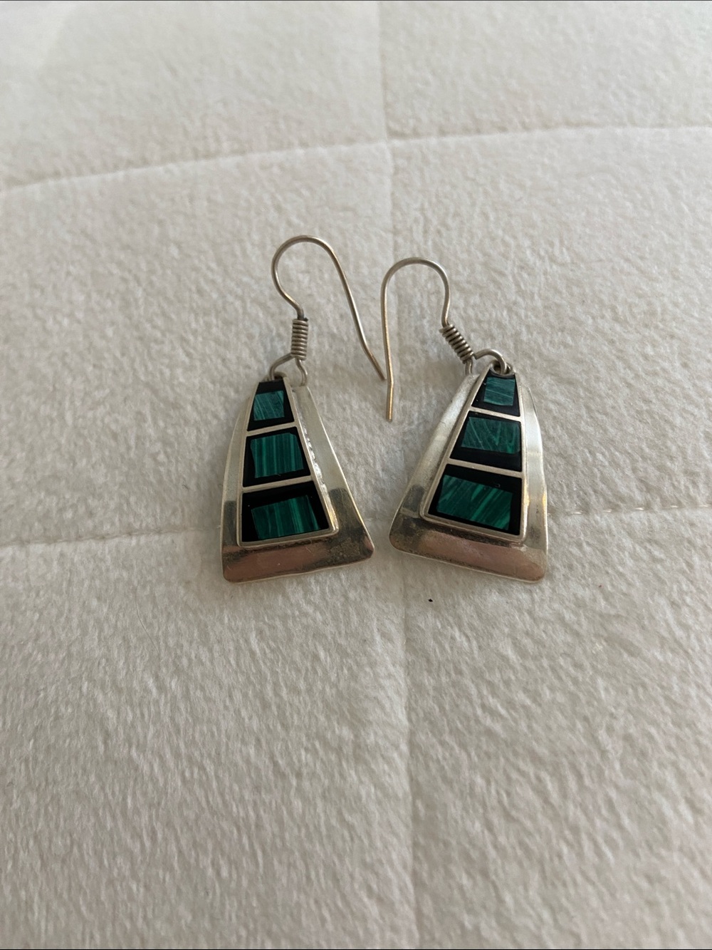 Vintage 925 Mexico Sterling Silver Onyx and Malachite Earrings